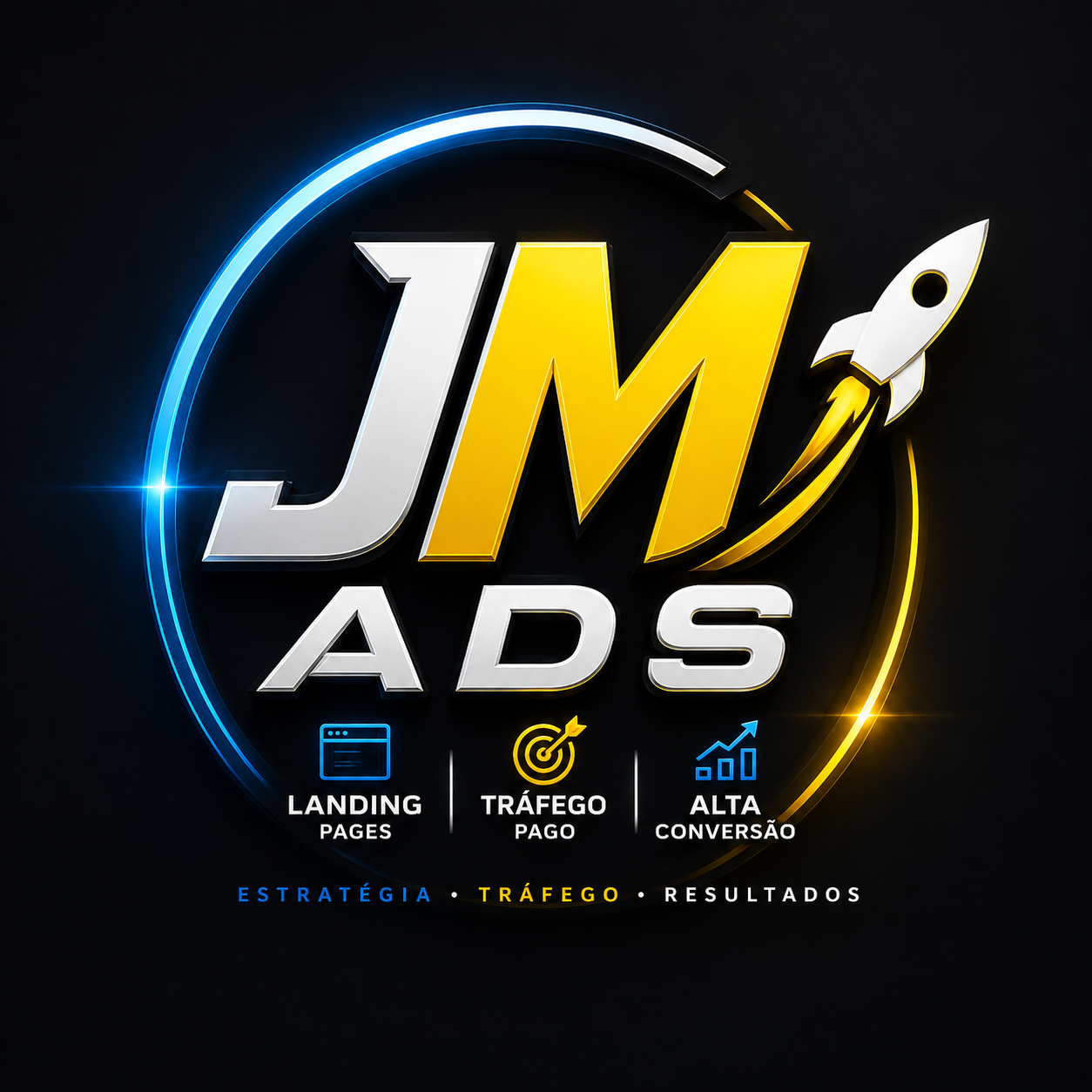 Logotipo 3D da JM Ads com foguete e o lema Estratégia, Tráfego e Resultados